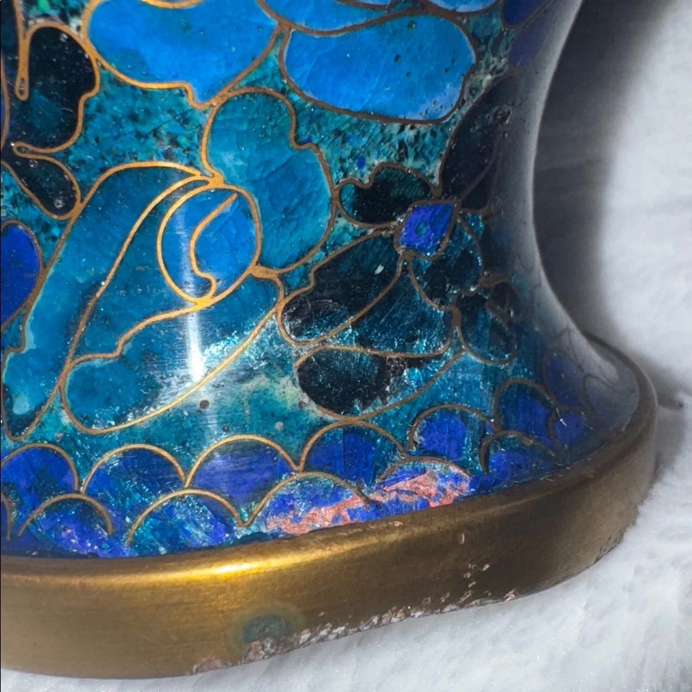 Vintage Chinese Cloisonne Vase Blue Floral Enamel Brass Accents 8 Inch Decor